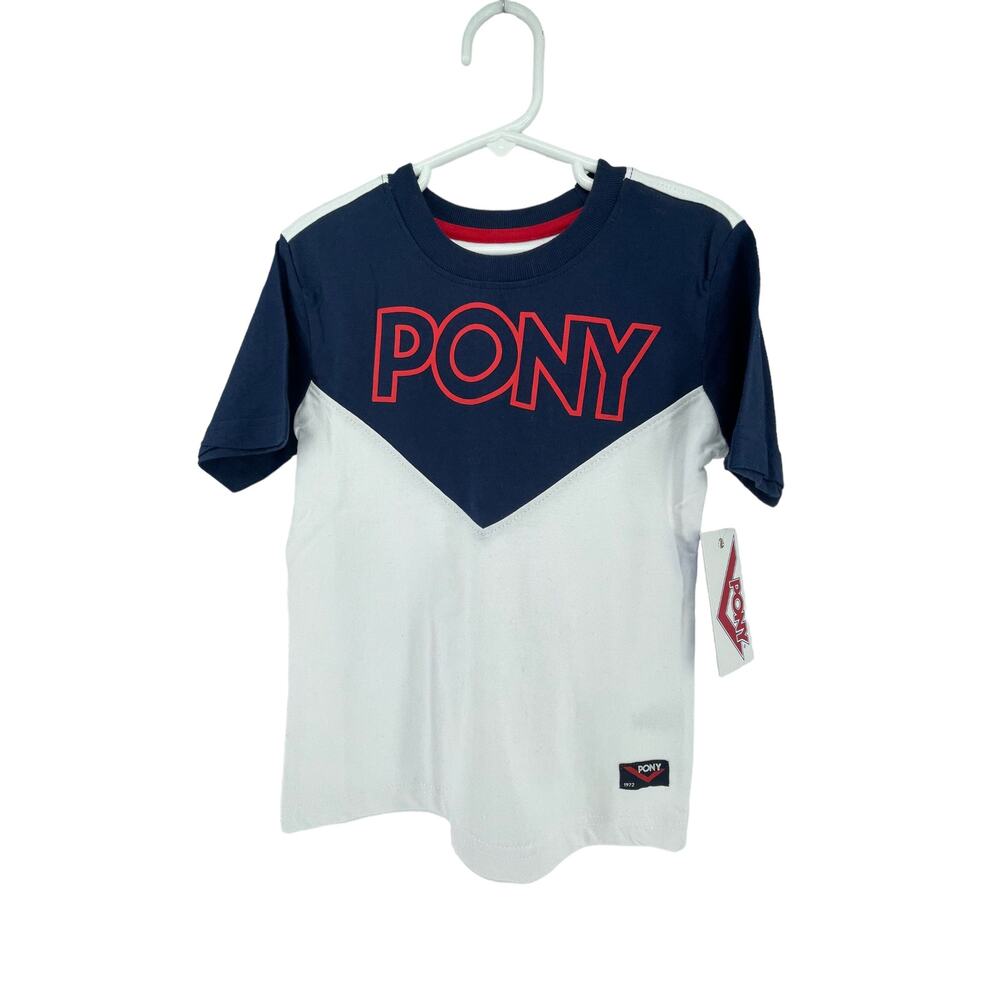 NWT PONY Boys Navy Blue White Color Block Graphic Short Sleeve T-Shirt Small/4